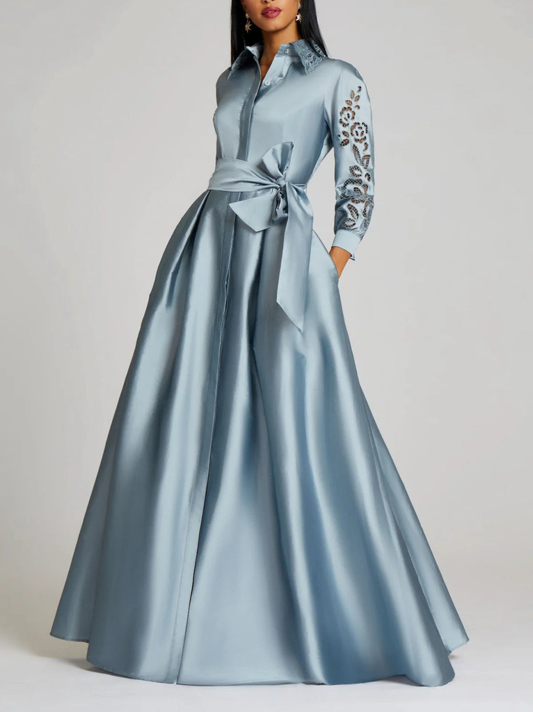 Taffeta Shirt Dress Gown With Eyelet Sleeve And Collar