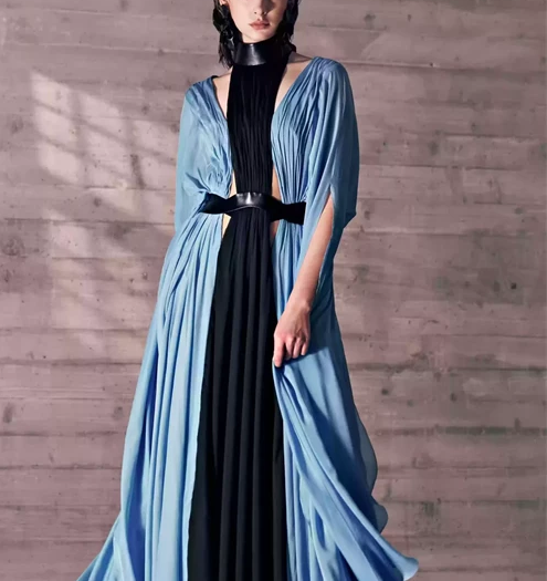 Turquoise Blue And Black Mousseline Caftan Dress