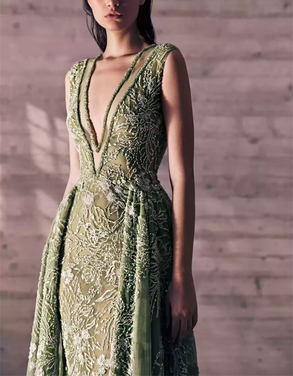 Twigs And Leaves Embroidered Shimmery Green Tulle Dress