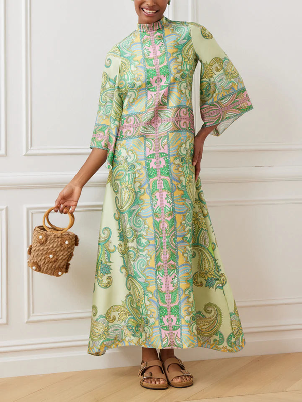 Twill Mock Neck Paisley Print Dress