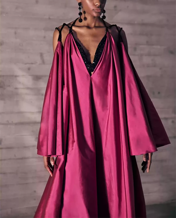 Voluminous Taveta Dress With Embroidered Black Shimmery Straps