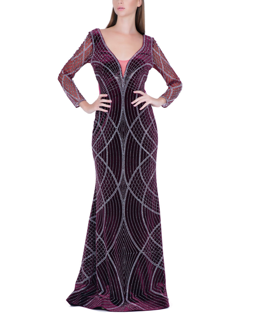 Wine Geometric Printed Long Dress