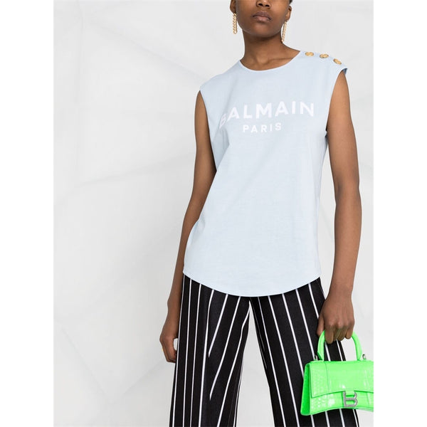 Light Blue Flocked Logo Sleeveless Top