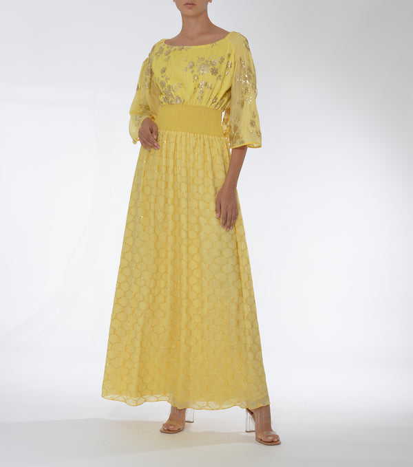 Yellow Floral Applique Printed Dress