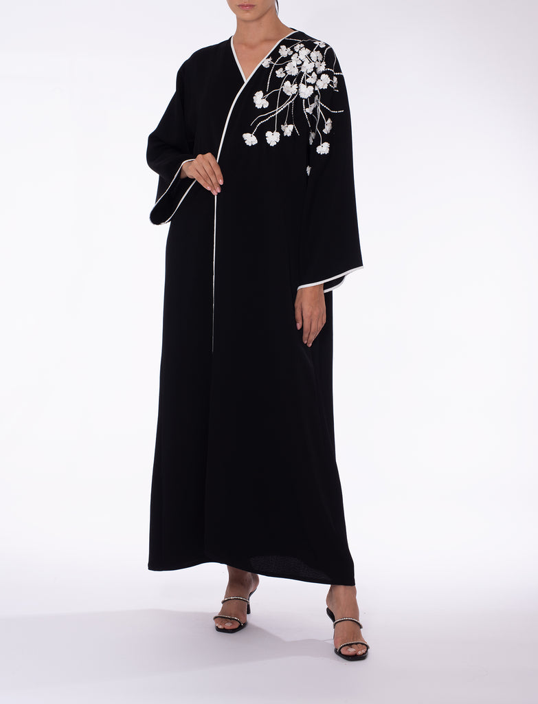 Black Floral Applique Abaya