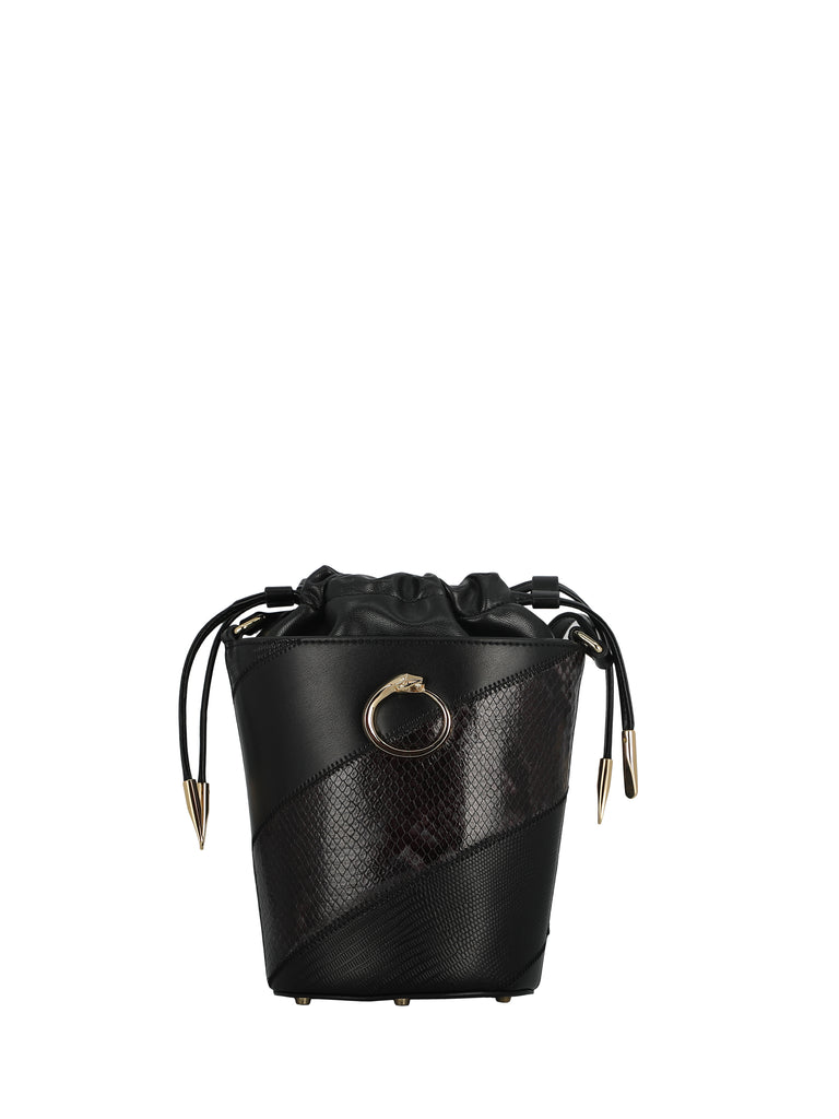 حقيبة دلو سوداء بطبعة جلد الثعبان