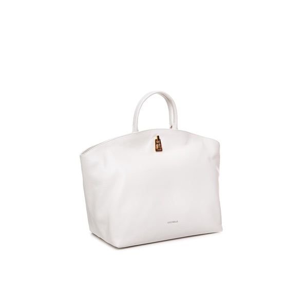 حقيبة جلدية بيضاء بمقابض علوية