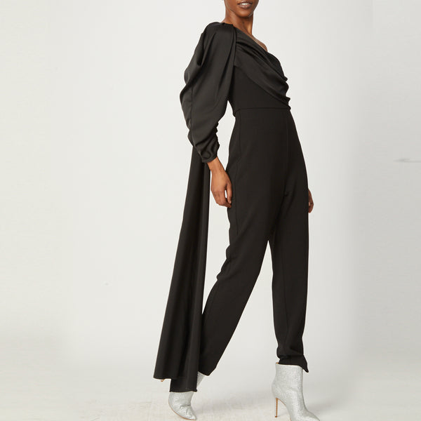 Black Stretch Crepe One Shoulder  Neckline Jumpsuit