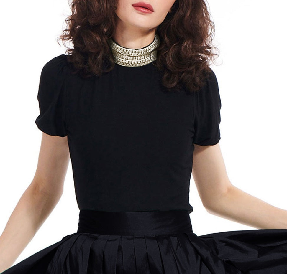 Black Puff Sleeve Jeweled Mock-neck Top with Mini Bows