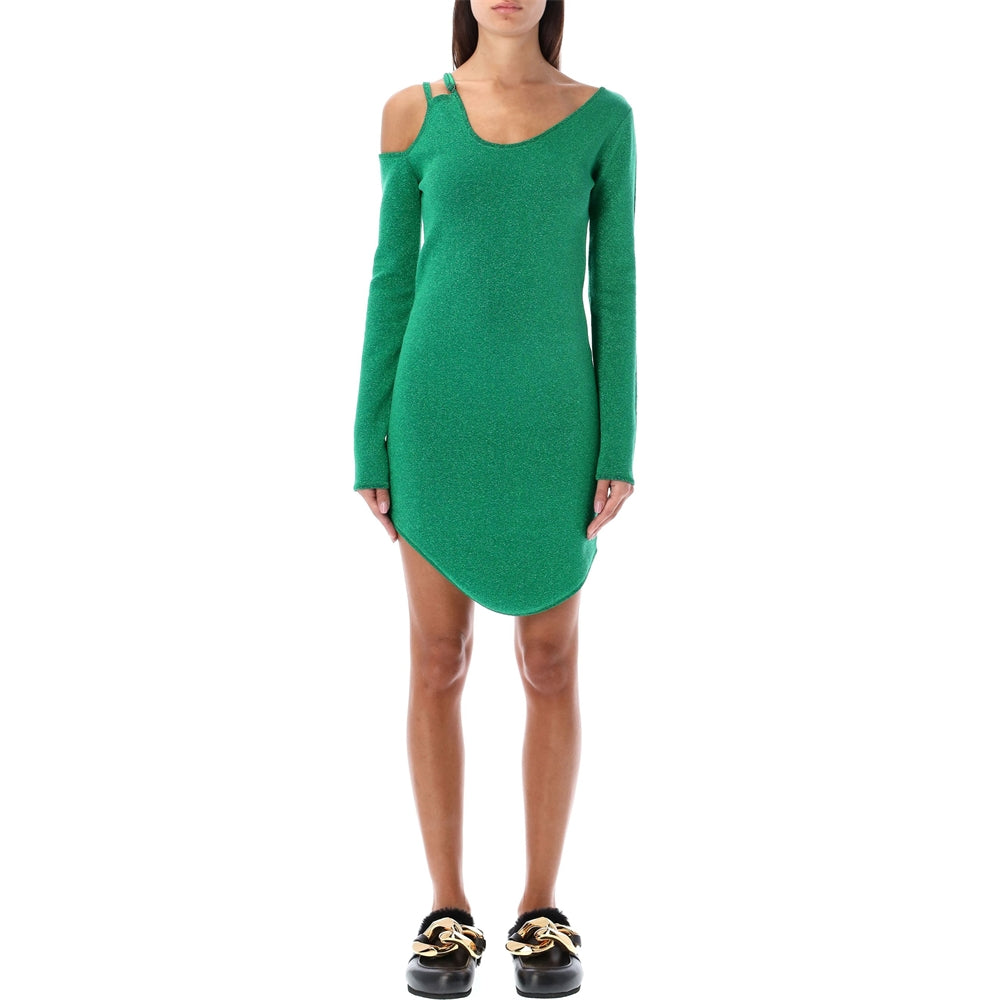 فستان غير متماثل مقصوص باللون الأخضر اللامع