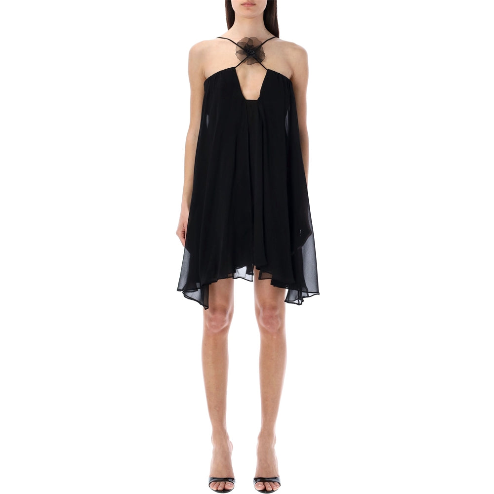 Black Floral-appliqué Asymmetric Mini Dress