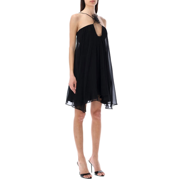 Black Floral-appliqué Asymmetric Mini Dress
