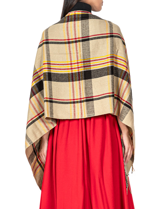Fringed Checked Wool Poncho