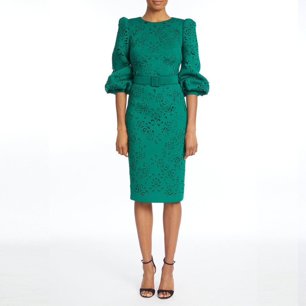 Emerald Green Puff-Shoulder, Laser-Cut Paisley Dress