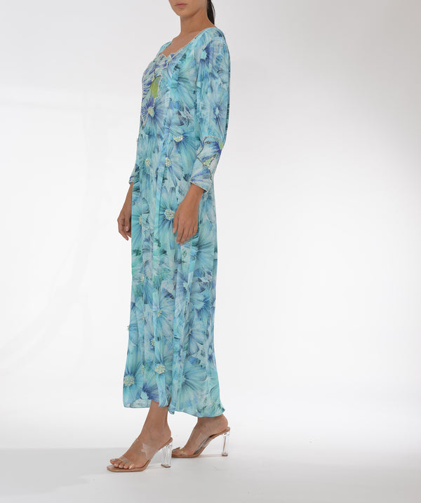 Blue Floral Print With Beads Handwork Kaftan With Net (2 pcs)