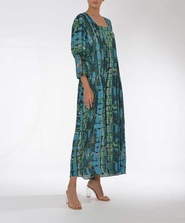 Dark Blue 2 Pcs. Geometric Print Kaftan With Net