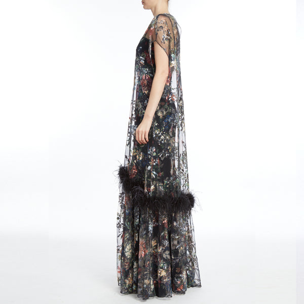 Black Multi Floral Print With Feather Details Dress