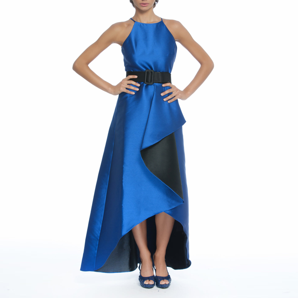 Royal Blue Tow-Toned Halter Draped Gown, Clothes,Designers,Wedding Season Dresses, BADGLEY MISCHKA - elilhaam.com