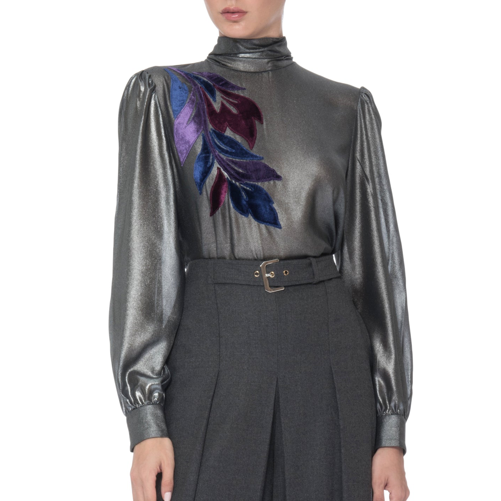 Dark Grey Leaf Pattern Metallic Finish Blouse