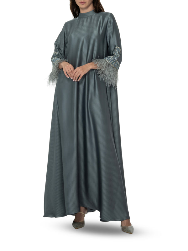 Dark Grey Silk Feather Embroidery Kaftan