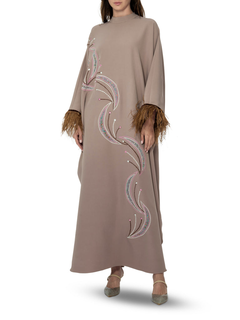 Sand Beige Silk Feather Embroidery Kaftan