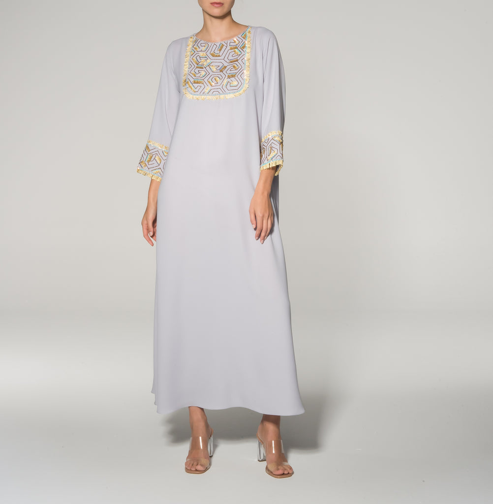 Grey Yellow Embroidery Embellishment Kaftan