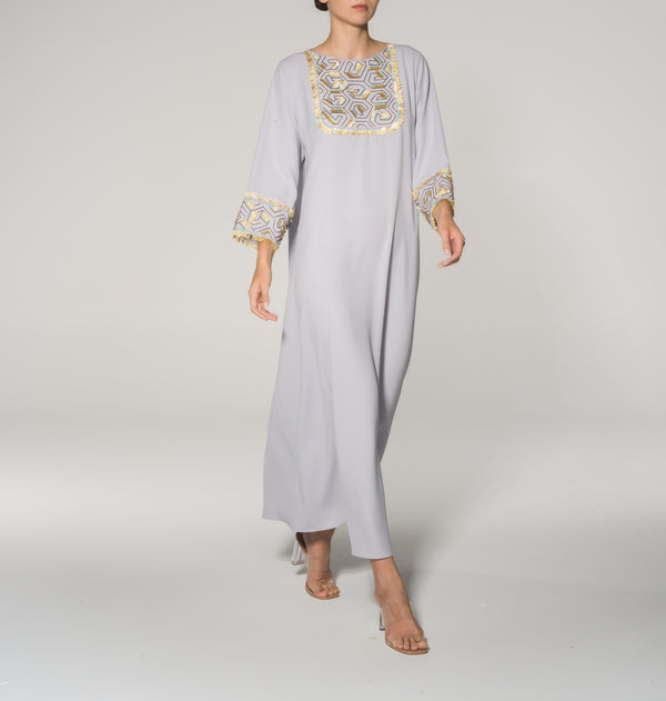 Grey Yellow Embroidery Embellishment Kaftan