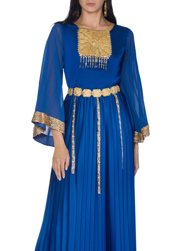 Blue & Gold Tone Henna Sparkle Embellishment Dress