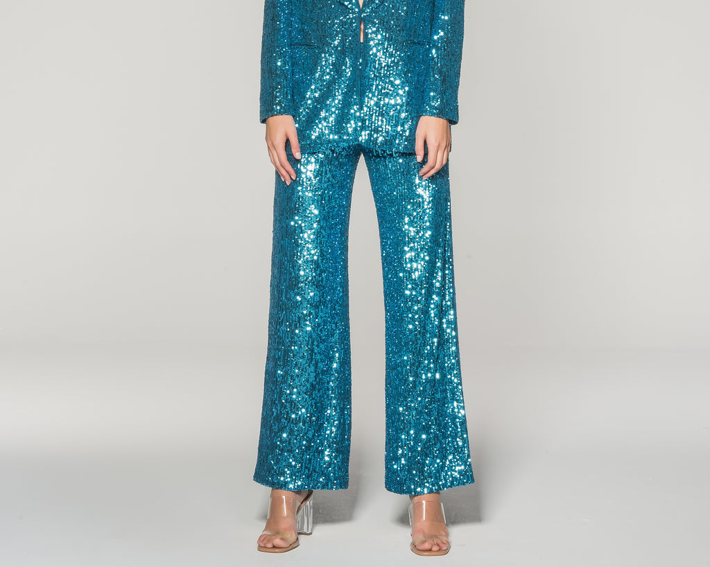Teal Blue Sequin Boot Leg Trousers