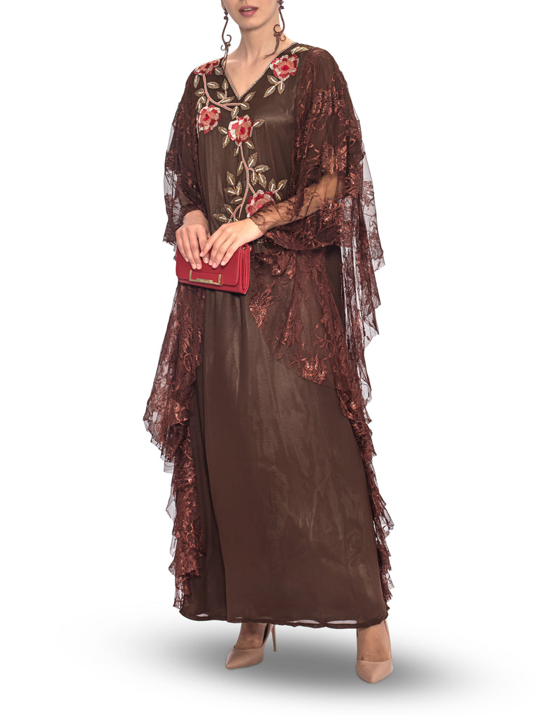 Chocolate Lace Detailing with Floral Embroidery On Front Kaftan