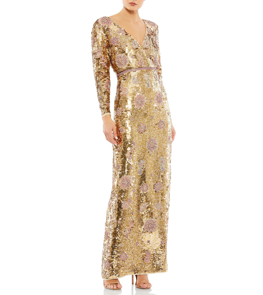 Gold Embellished Wrap Over Long Sleeve Column Gown