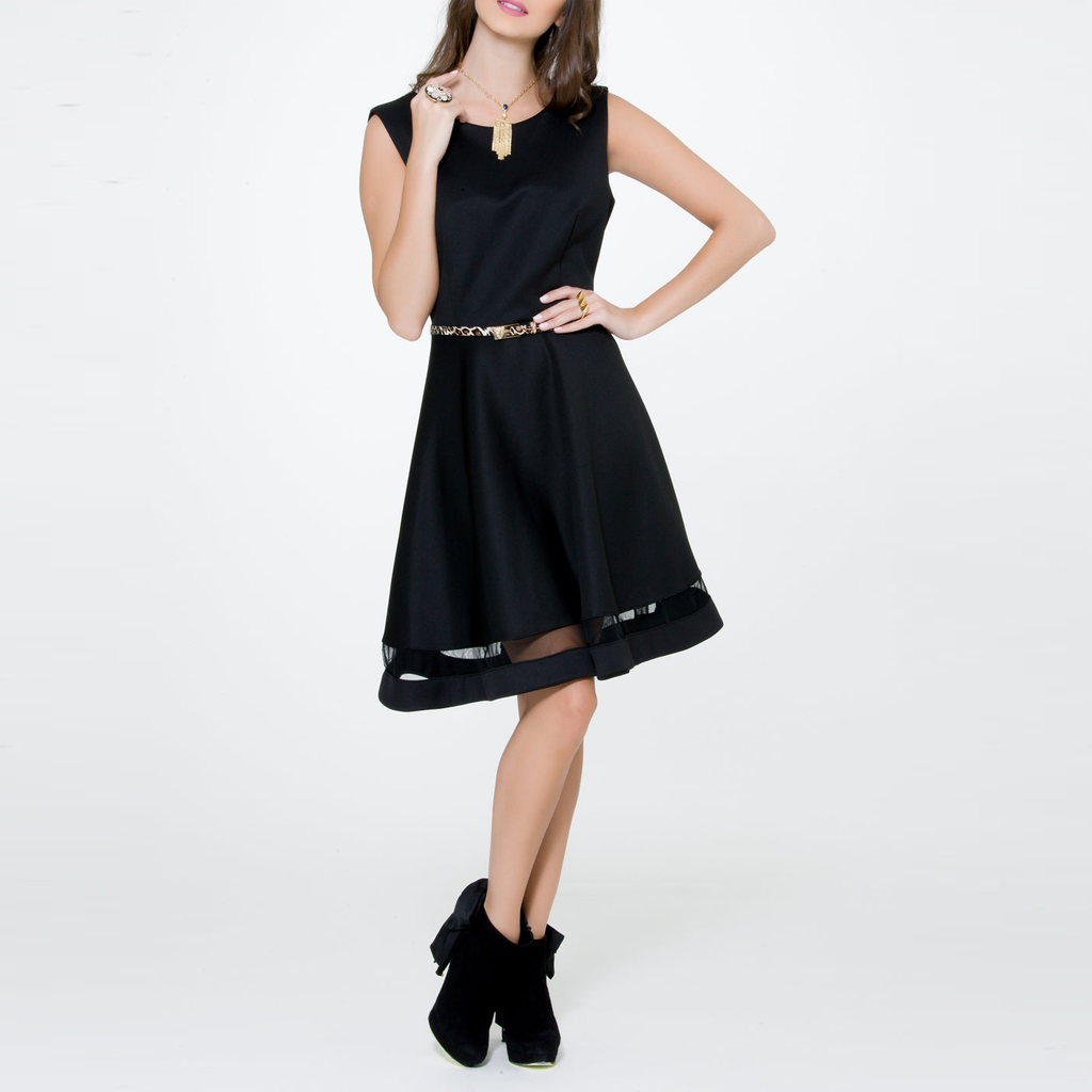 Black Belted Flare Dress, CJF - elilhaam.com