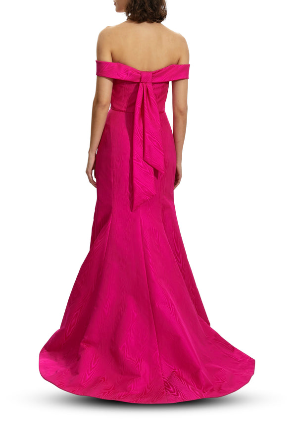 Pink Moire Off The Shoulder Strapless Fit To Flare Gown