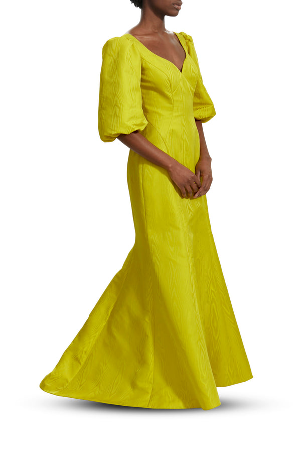 Lime Yellow Moire Curved V Neck Gown