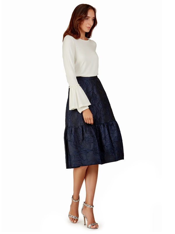 Navy Brocade Midi Skirt