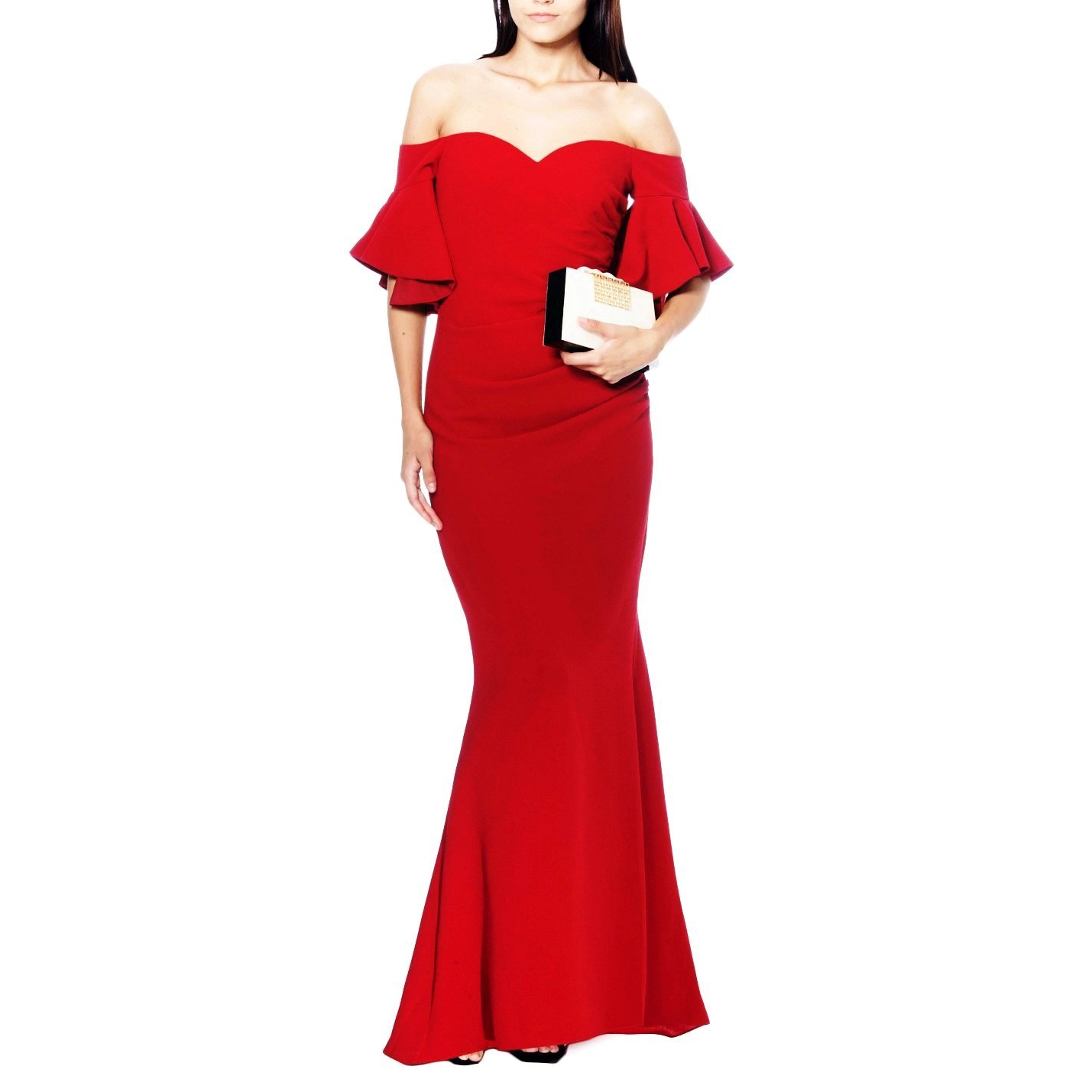 Off-The-Shoulder Ruched Crepe Evening Gown, BADGLEY MISCHKA - elilhaam.com
