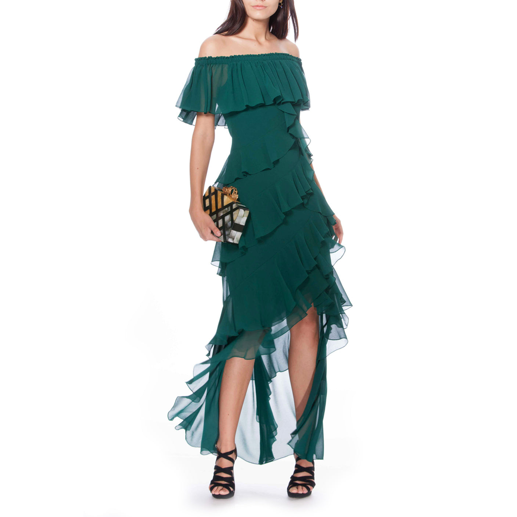 Off-The-Shoulder Ruffled High-Low Gown, BADGLEY MISCHKA - elilhaam.com