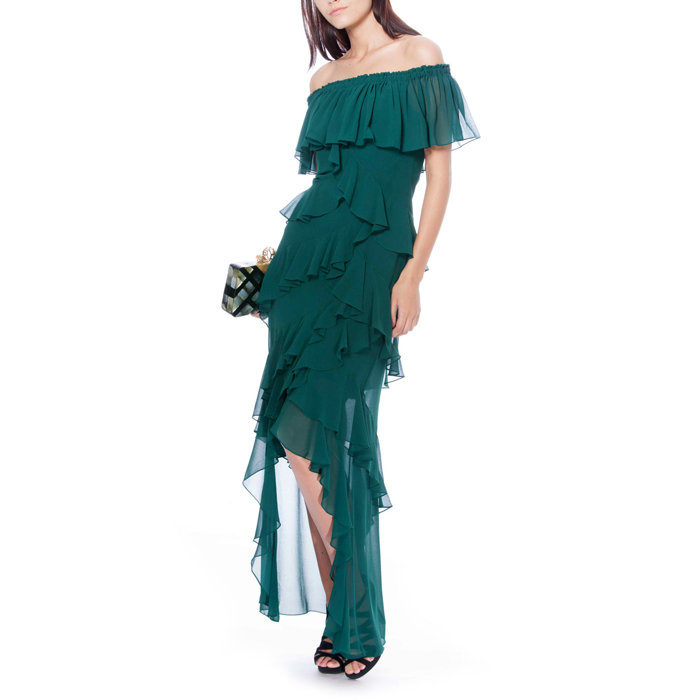 Off-The-Shoulder Ruffled High-Low Gown, BADGLEY MISCHKA - elilhaam.com