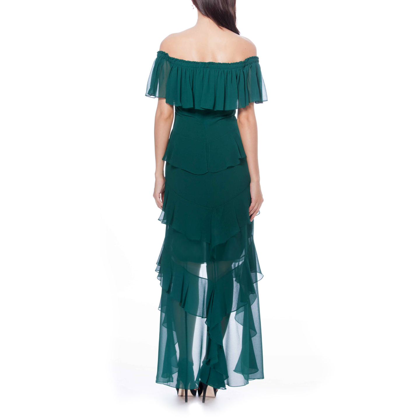 Off-The-Shoulder Ruffled High-Low Gown, BADGLEY MISCHKA - elilhaam.com