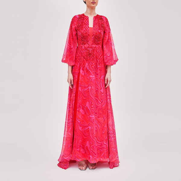 Ruby Red Silk Chiffon Embellished Dress