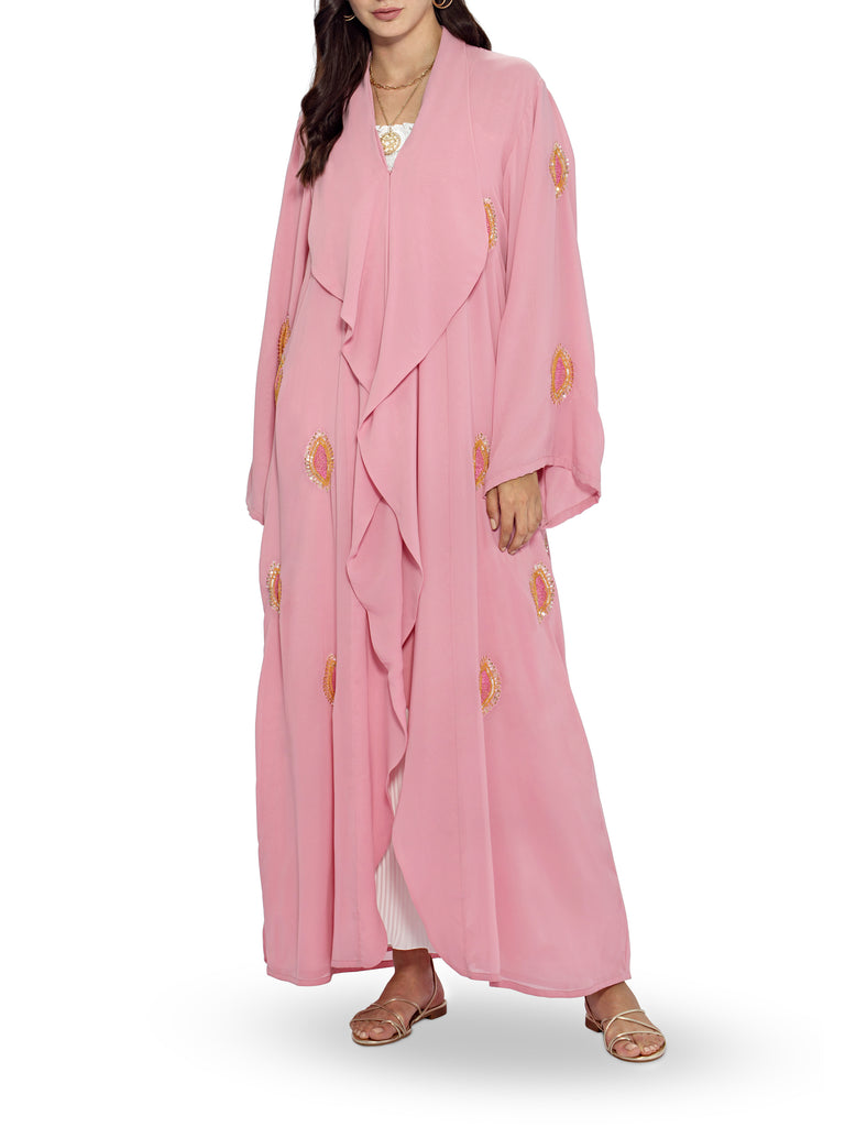 Blush All Over Embroidery With Ruffles Detail Abaya