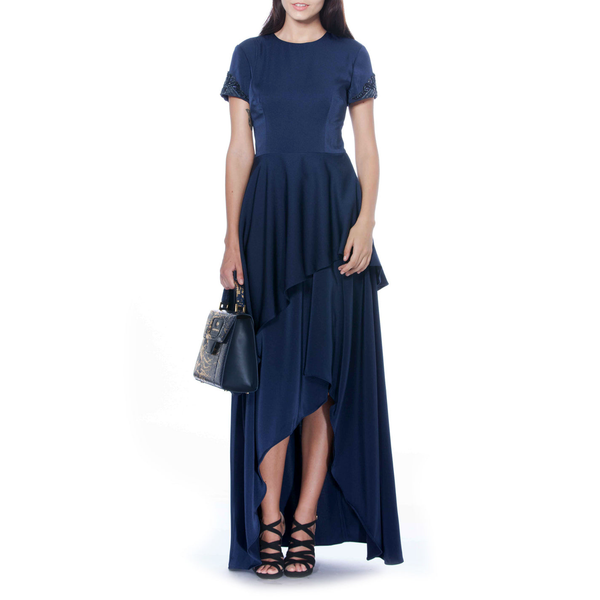 Layered Short Sleeve Navy Gown, DAVID MEISTER - elilhaam.com