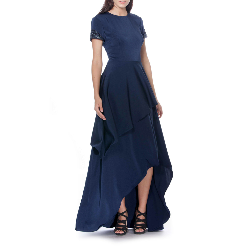 Layered Short Sleeve Navy Gown, DAVID MEISTER - elilhaam.com