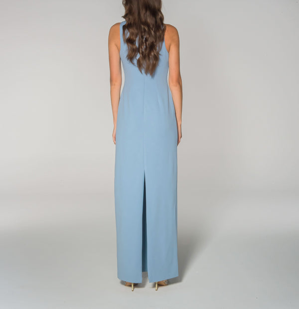 فستان بدون أكمام بياقة مرصعة بالجواهر باللون الأزرق الفرنسي