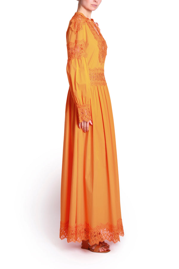 Orange Stretch Popeline Long Dress