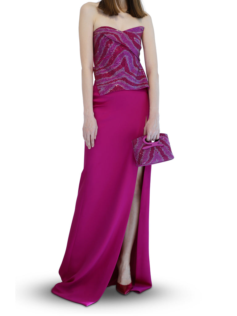 فستان Dafne وردي بطبعة حمار وحشي ستراس مع فتحة عالية