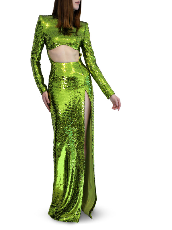 فستان طويل باللون الأخضر الحمضي مع فتحة عالية من الأمام
