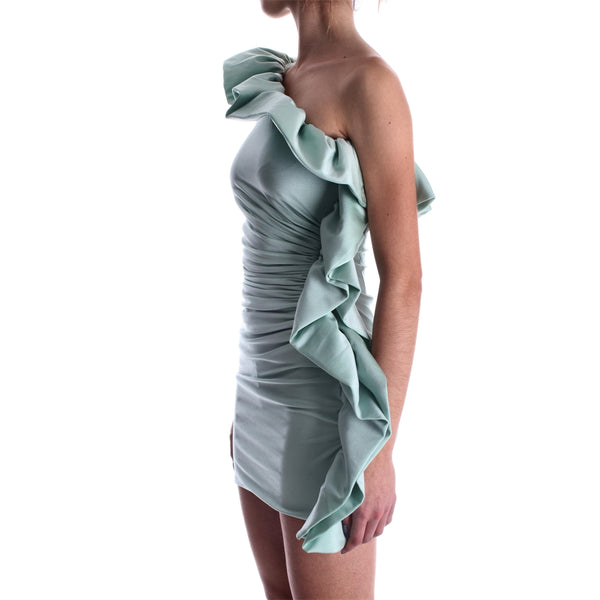 Water Green One-shoulder Ruffled Dress