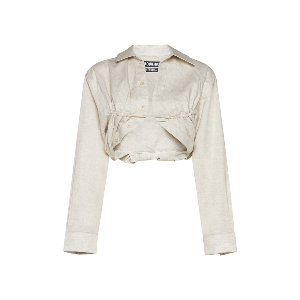 Beige Cropped Long-sleeve Blouse