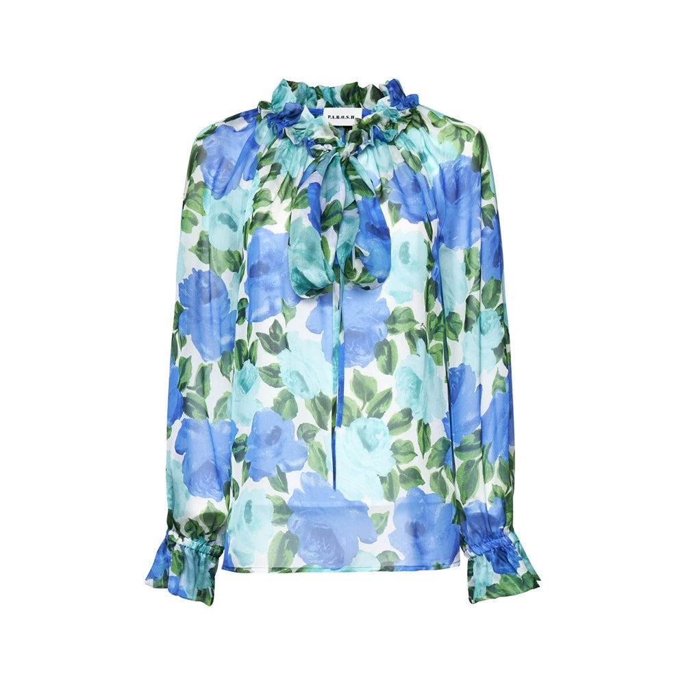 Blue Floral-print Puff-sleeve Blouse
